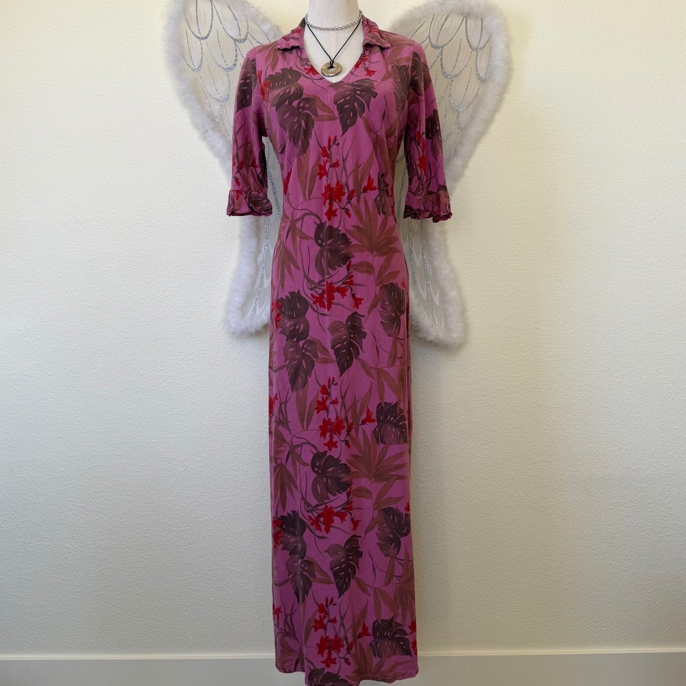Y2K Indie Girly Grunge‎ Pink Floral Monstera Maxi Dress V-Neck 3/4 Ruffle Sleeve